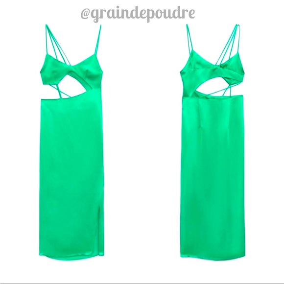 Rare! Zara Kelly Green Satin Effect Cut Out Asymmetrical Long Dress S Rare! Zara Kelly Green Satin Effect Cut Out Asymmetrical Long Dress S